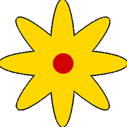 Flor amarilla con ocho pétalos y centro rojo sobre fondo negro.