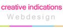 Logo mit dem Text "creative indications Webdesign" in Pink und Grau, unterstrichen mit buntem Streifen.