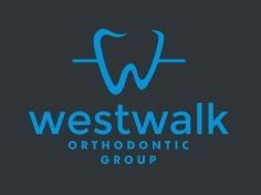 Blue logo of Westwalk Orthodontic Group with a tooth outline on a dark background.