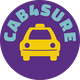 Een geel taxipictogram met de tekst "CAB4SURE" op een paarse achtergrond.