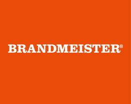 Weißer Text "BRANDMEISTER" auf orangem Hintergrund.
