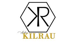 Sechseckiges Logo mit den Buchstaben "KR" innen. Darunter steht "KILRAU" in goldener Schrift.