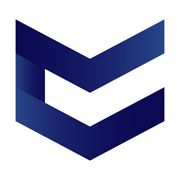 Blaues, geometrisches Logo mit zwei V-förmigen Linien in einem stilisierten M-Design.