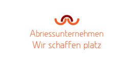Abstrakte Logosymbolik über Text: "Abrisunternehmen, Wir schaffen Platz" in Orange.