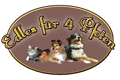 Logo mit Katze und zwei Hunden, Text: "Edles für 4 Pfoten", ovaler Rahmen.