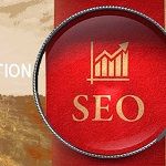 SEO graphic with upward trend and magnifying glass effect on a red background.