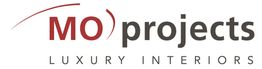 Logo von MO projects mit rotem Schriftzug und den Worten "Luxury Interiors".