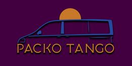 Logo di "Packo Tango" con silhouette di furgone blu su sfondo viola e sole arancione.
