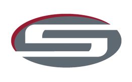 Ein graues und rotes Logo mit einem stilisierten "G" und ovalem Design.