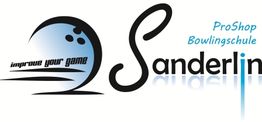 Logo mit Bowlingkugel, Text: "improve your game", "Sanderlin ProShop Bowlingschule".