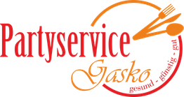 Logo von Partyservice Gasko mit Besteckmotiv und Slogan "gesund - günstig - gut".