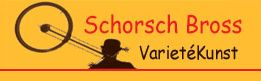 Logo: Silhouette mit Hut, Trombone und Text "Schorsch Bross VarietéKunst" auf orangefarbenem Hintergrund.