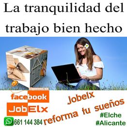 Mujer con laptop en campo, texto: "La tranquilidad del trabajo bien hecho", logos de redes sociales.