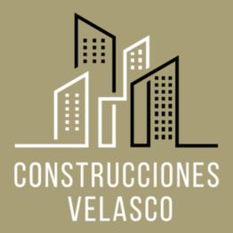 Logotipo de "Construcciones Velasco" con edificios estilizados sobre fondo marrón claro.
