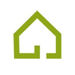 Grünes, stilisiertes Haus-Symbol auf weißem Hintergrund.