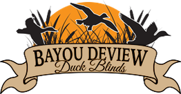 Logo with ducks flying over grass, text "Bayou Deview Duck Blinds" on a banner.