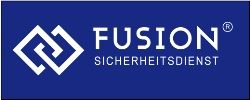 Logo von Fusion Sicherheitsdienst, blau mit weißem Schriftzug und Symbol, rechteckige Form.