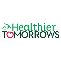 "Healthier Tomorrows logo with a leaf and apple graphic in green and red text."