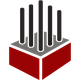 A red and gray 3D box with vertical black bars extending from the top.