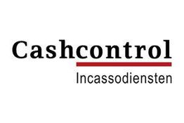 Logo van Cashcontrol Incassodiensten, met zwarte tekst en rode onderstreping.