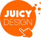 Juicy Design-Logo: Weißer Text auf orangefarbenem Kreis mit zeigender Hand daneben.