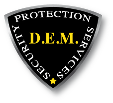 Abzeichen mit "D.E.M. Security Protection Services" in Schwarz und Gelb auf silbernem Schild.