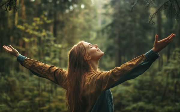 Eine junge Frau steht mit weit ausgebreiteten Armen im Wald und genießt die Natur und die Ruhe.