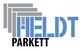 Logo mit Text "Heldt Parkett", graue und blaue Balken bilden das Wort "HELDT".