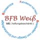 Logo mit Schriftzug "BFB Weiß", umgeben von Dienstleistungen wie Fahrdienst und Büroservice.