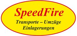 Gelbes Oval mit rotem Rand: "SpeedFire Transporte – Umzüge Einlagerungen" in roter und schwarzer Schrift.