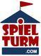 Logo: Rotes Dreieck, blauer Dachrahmen, roter Schriftzug "SPIELTURM", Webseite ".COM".