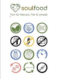 Soulfood-Logos mit Piktogrammen zu Vegan, Bio, Nachhaltigkeit, Plastikvermeidung und Recycling.
