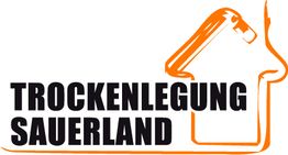 Logo mit Text "Trockenlegung Sauerland" und Grafik eines Hauses in Orange.
