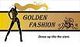 Silhouette einer Frau, Text "GOLDEN FASHION", Slogan "Dress up like the stars", goldener Hintergrund.