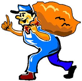 Cartoonmann in blauer Latzhose trägt einen Sack auf dem Rücken und zeigt Daumen hoch.