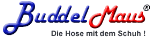 Logo "BuddelMaus" in Blau und Rot, Untertitel: "Die Hose mit dem Schuh".