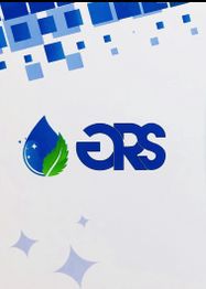 Blaues Pixelmuster, Logo mit Wassertropfen und Blatt, Text: CRS.
