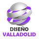Logotipo con esferas entrelazadas y texto "DISEÑO VALLADOLID" en gris y morado.