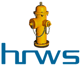 Gelber Hydrant mit Kette, darunter das blaue Logo "hrws" auf weißem Hintergrund.