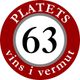 Círculo rojo con el número 63 en el centro y texto "PLATETS vins i vermut".