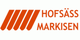 Logo von Hofsäss Markisen mit fünf roten Streifen und Schriftzug in Orange.