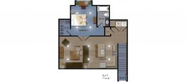 Simple floor plan with bedroom, bathroom, kitchen, living area, and balcony layout.