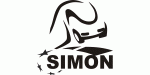 Schwarzes Logo eines Lastwagens mit dem Text "SIMON" und Sternen, auf weißem Hintergrund.