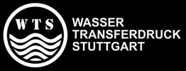 Schwarz-weißes Logo mit Wellenlinien, "WTS" und Text: "Wasser Transferdruck Stuttgart".