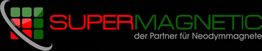Logo mit Schriftzug "SUPERMAGNETIC" und Slogan "der Partner für Neodymmagnete" auf schwarzem Hintergrund.