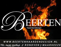 Beerten Haardendesign logo op een achtergrond van vlammen met contactgegevens onderaan.