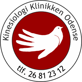 Logo: Fuglesilhuet med tekst "Kinesiologi Klinikken Odense" og telefonnummer.