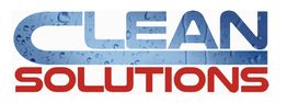 Text logo with "CLEAN" in blue water texture and "SOLUTIONS" in bold red letters.
