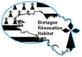 Carte de Bretagne avec texte "Bretagne Rénovation Habitat" et motif breton noir et blanc.