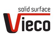 Logotipo de Vieco con el texto "solid surface" y diseño en rojo y negro.